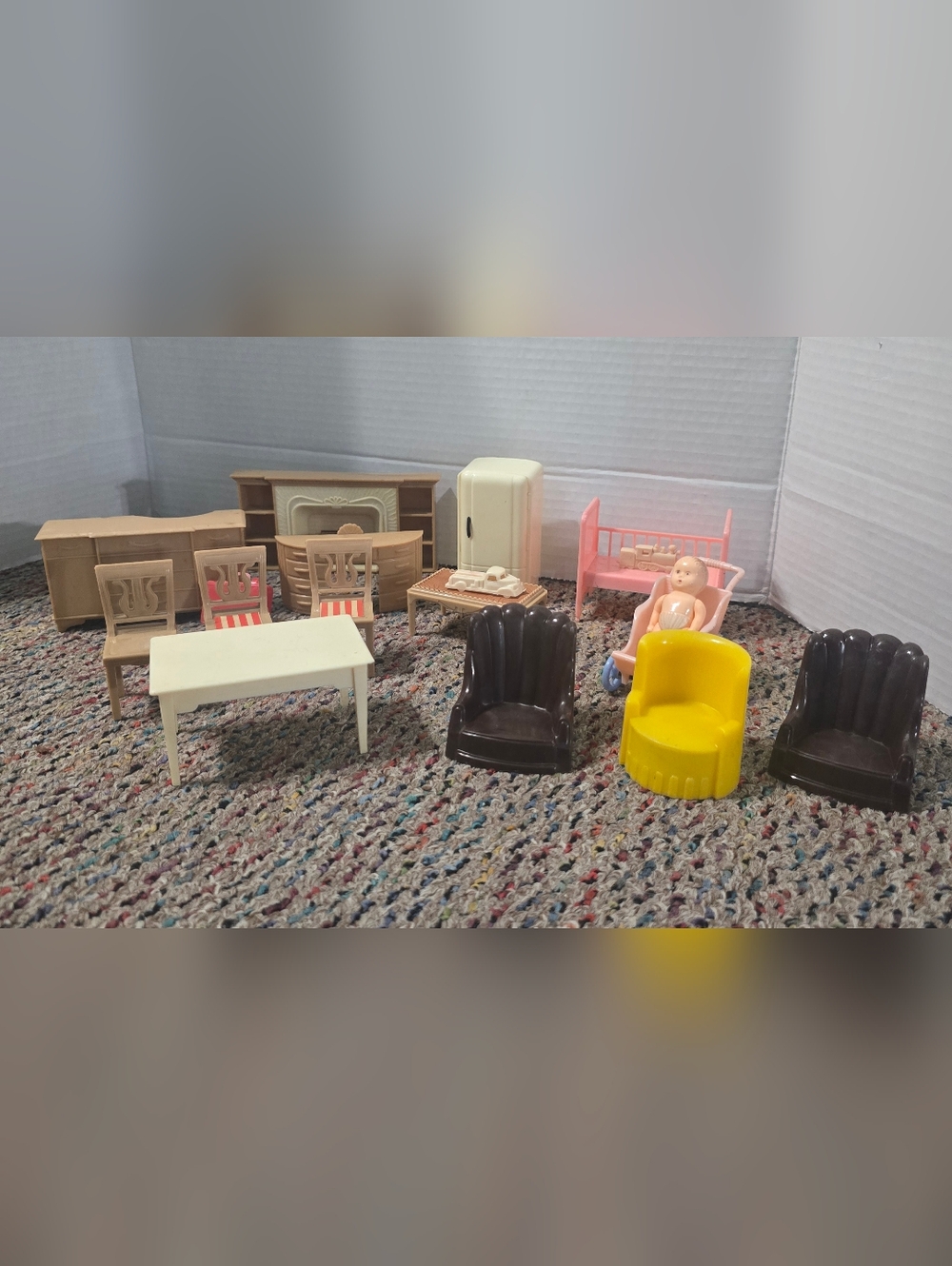 Vintage Plastic Dollhouse Furniture Baby Crib Fireplace Chairs Dressers Plastico
